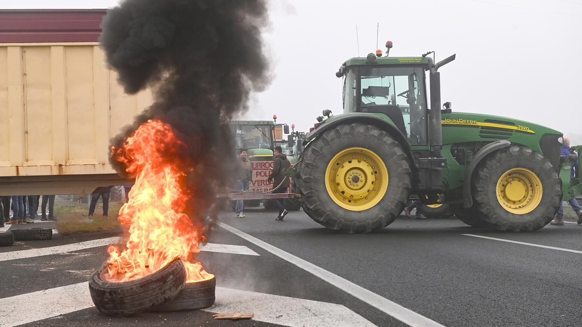 Agricultores con tractores cortan el paso en la autovía NII a su paso por Fondarella, en el Pla dUrgell (Lleida).