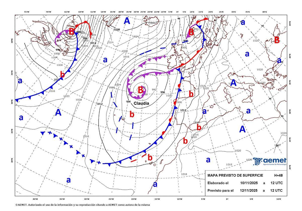 Posición de Claudia y sus frentes asociados, para el miércoles a las 12:00