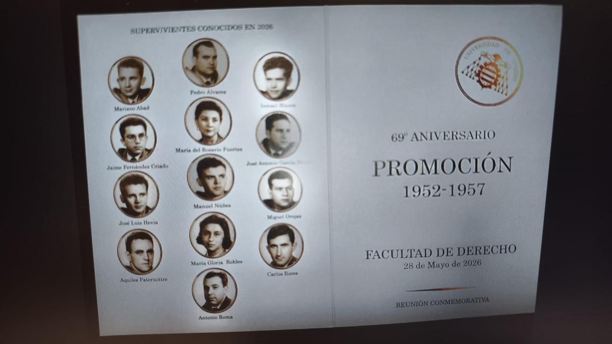 Fotos de la orla de la promoción de Derecho 1952-57, en la invitación del 69º aniversario.