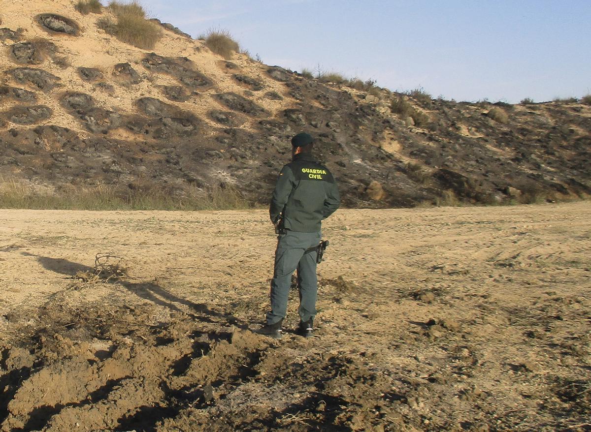 Un agente de la Guardia Civil observa la zona calcinada en el paraje de Casa Quemada