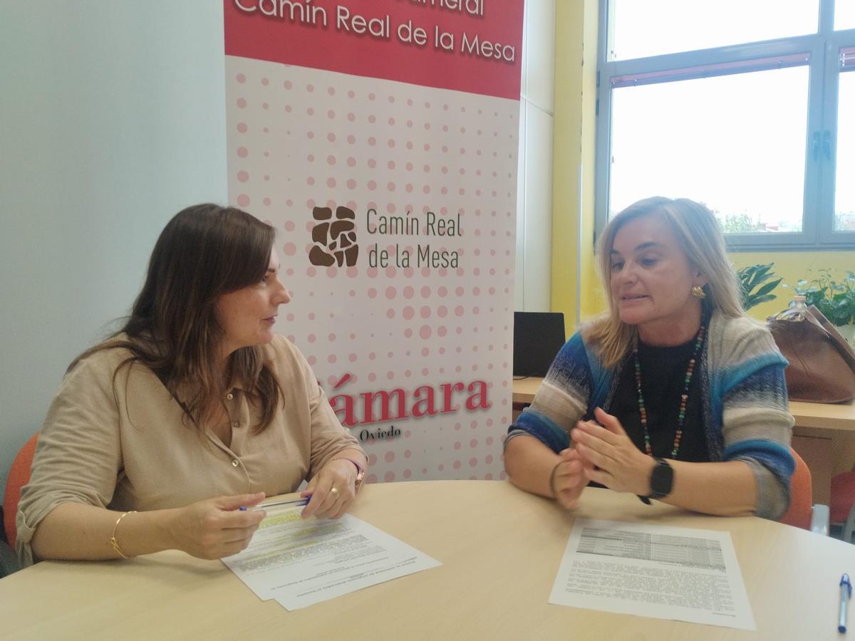 Marián González y Sonia Fernández, en plena reunión en la oficina de la delegación del Camín Real de la Mesa de la Cámara de Comercio de Oviedo.
