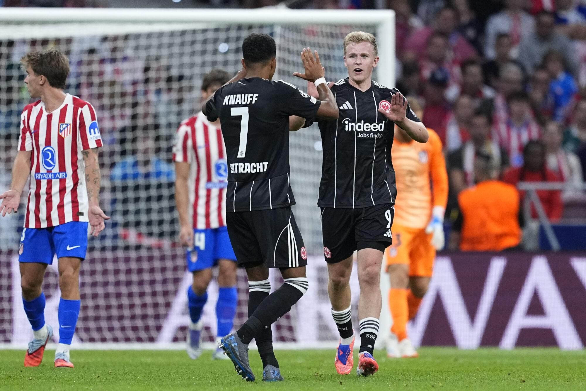 Jonathan Burkardt of Eintracht Frankfurt?? celebrates a goal during the UEFA Champions League 2025/26 League Phase MD2 match between Atletico de Madrid and Eintracht Frankfurt at Riyadh Air Metropolitano on September 30, 2025, in Madrid, Spain. AFP7 30/09/2025 ONLY FOR USE IN SPAIN. Oscar J. Barroso / AFP7 / Europa Press;2025;SOCCER;SPAIN;SPORT;ZSOCCER;ZSPORT;Atletico de Madrid v Eintracht Frankfurt - UEFA Champions League 2025/26 League Phase MD2;