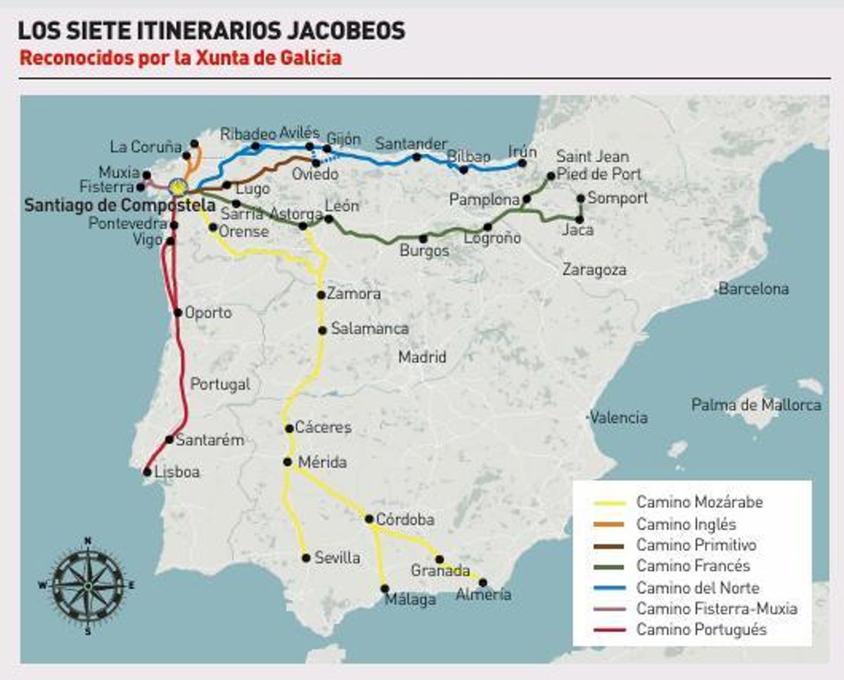 Los siete itinerarios jacobeos reconocidos por la Xunta de Galicia.