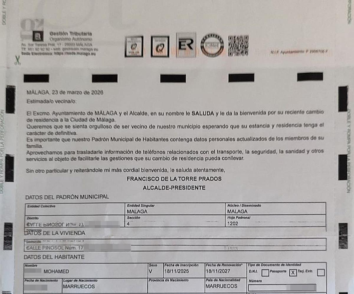 Bienvenida del alcalde a un supuesto nuevo empadronado en Pinosol, en un documento de Gestrisam.