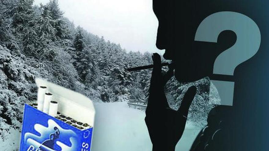 El cadáver se halló en esta carretera nevada de la Guarguera y junto él se encontró este paquete de tabaco.  | ALBÁS  / LOSADA