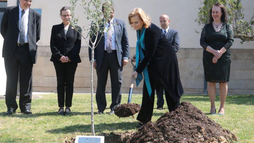 La escritora Carme Riera planta un olivo en un jardín poco poblado por mujeres