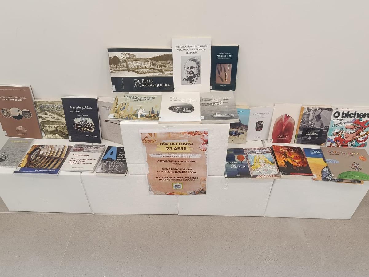Exposición con libros de autores de Bueu o vinculados al municipio en la Biblioteca Torrente Ballester.