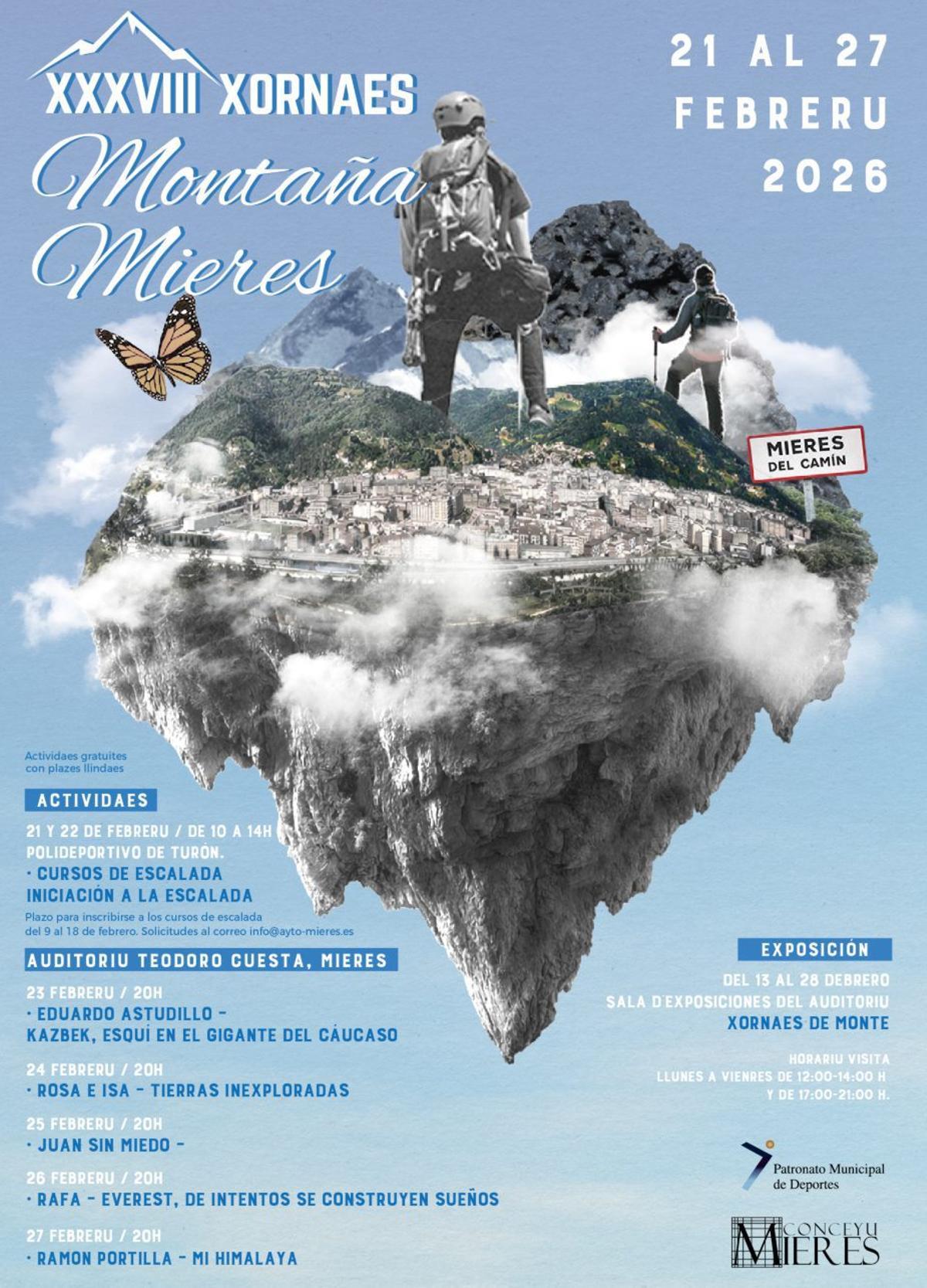 Cartel de las jornadas. A la derecha, Eduardo Astudillo en el Circo de Gredos. Debajo, Juan Sin Miedo en el Ártico siberiano, y Rosa Fernández  e Isabel Argüelles, en Cerro Pastillitos.