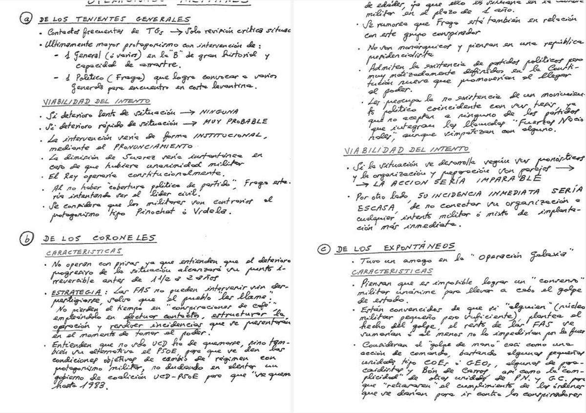 Dos hojas del informe elaborado en 1980 sobre los planes para derrocar a Suárez