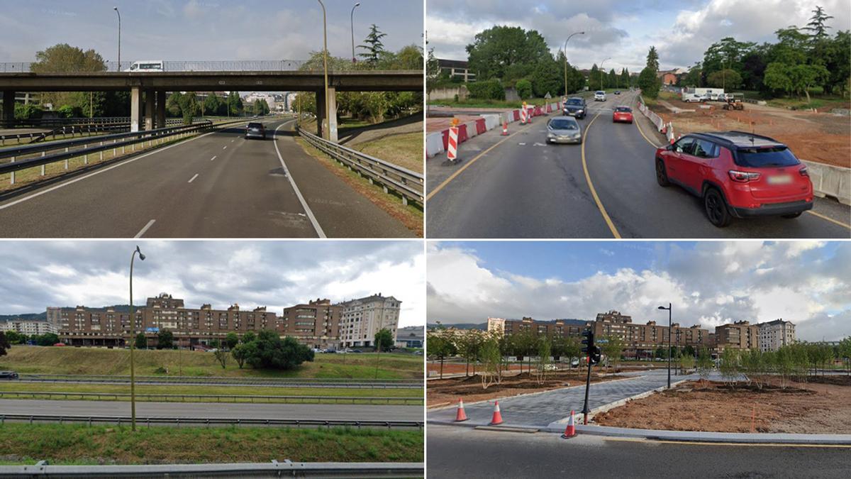 Arriba, el puente de Ángel Cañedo, antes y después de su demolición y con el estado actual de las obras. Abajo, otra comparativa de la transformación de la autopista en su enlace con Teatinos.