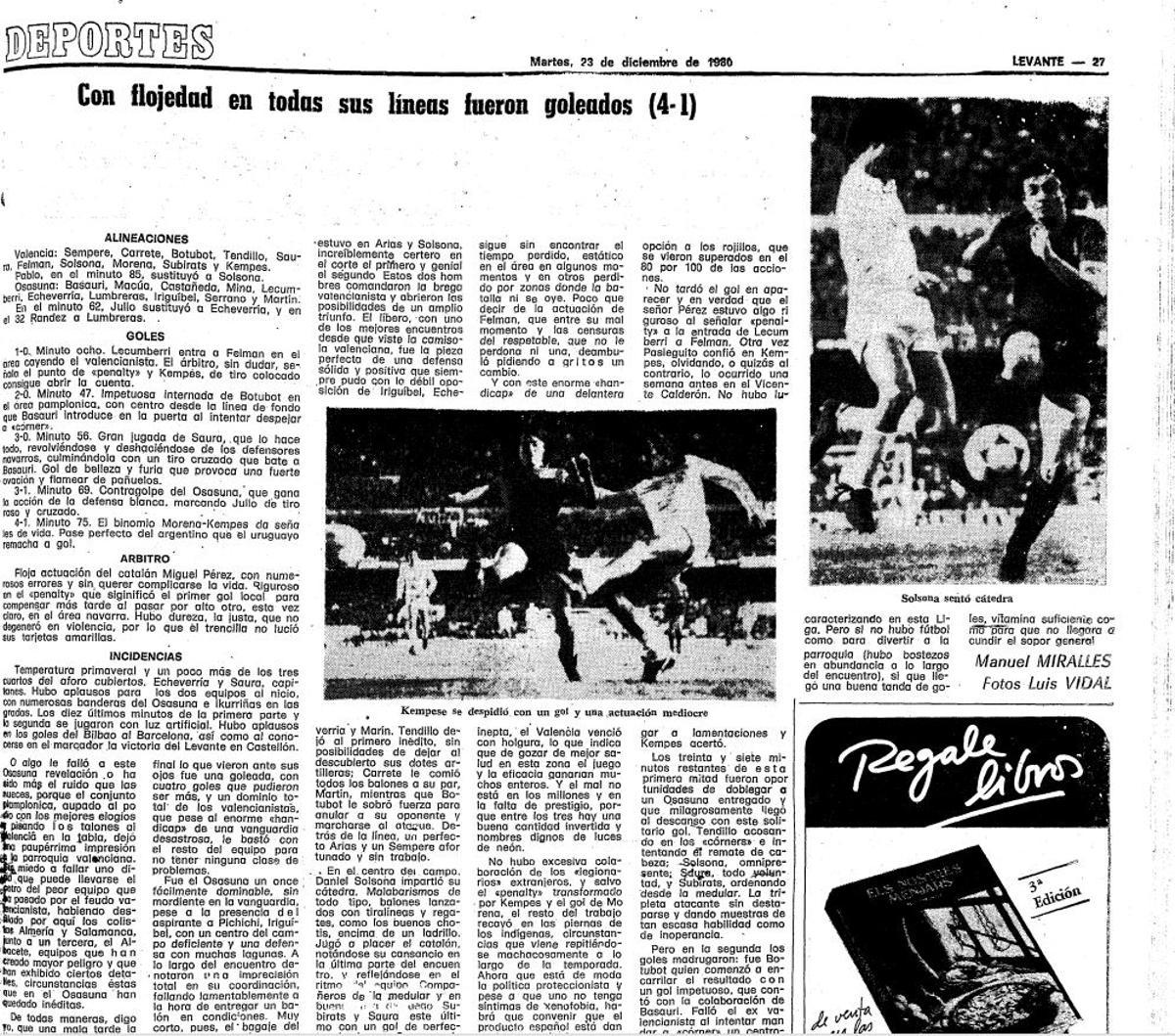 Crónica en el diario Levante del Valencia - Osasuna de 1980