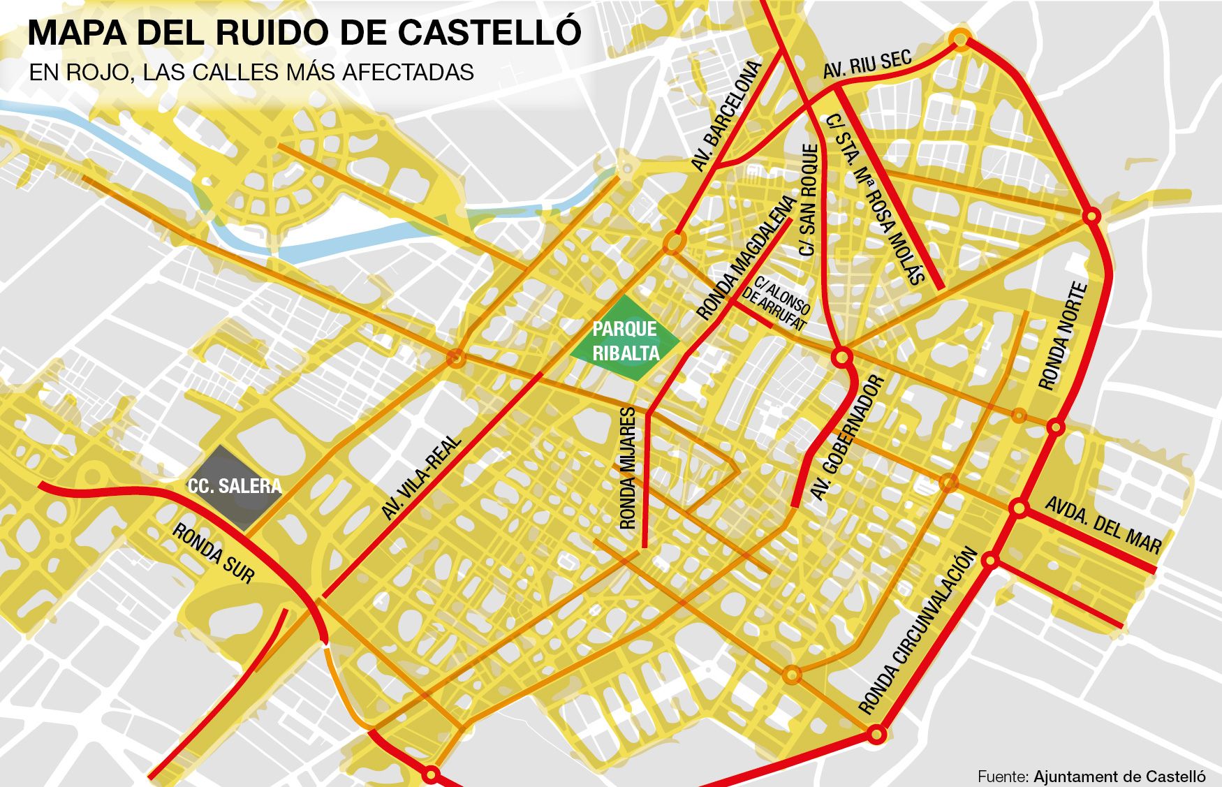 Mapa del ruido de Castelló en el que se muestran las calles más afectadas por el mismo.