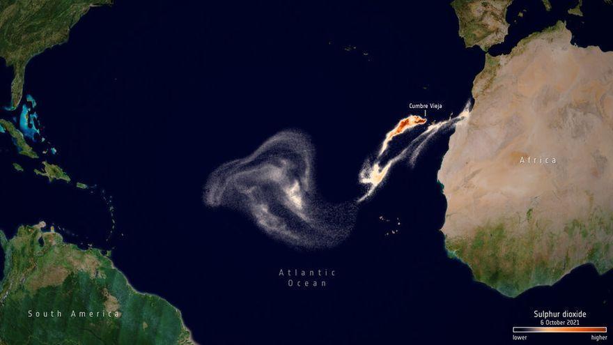La Agencia Espacial Europea vigila la dispersión de gases del volcán de La Palma