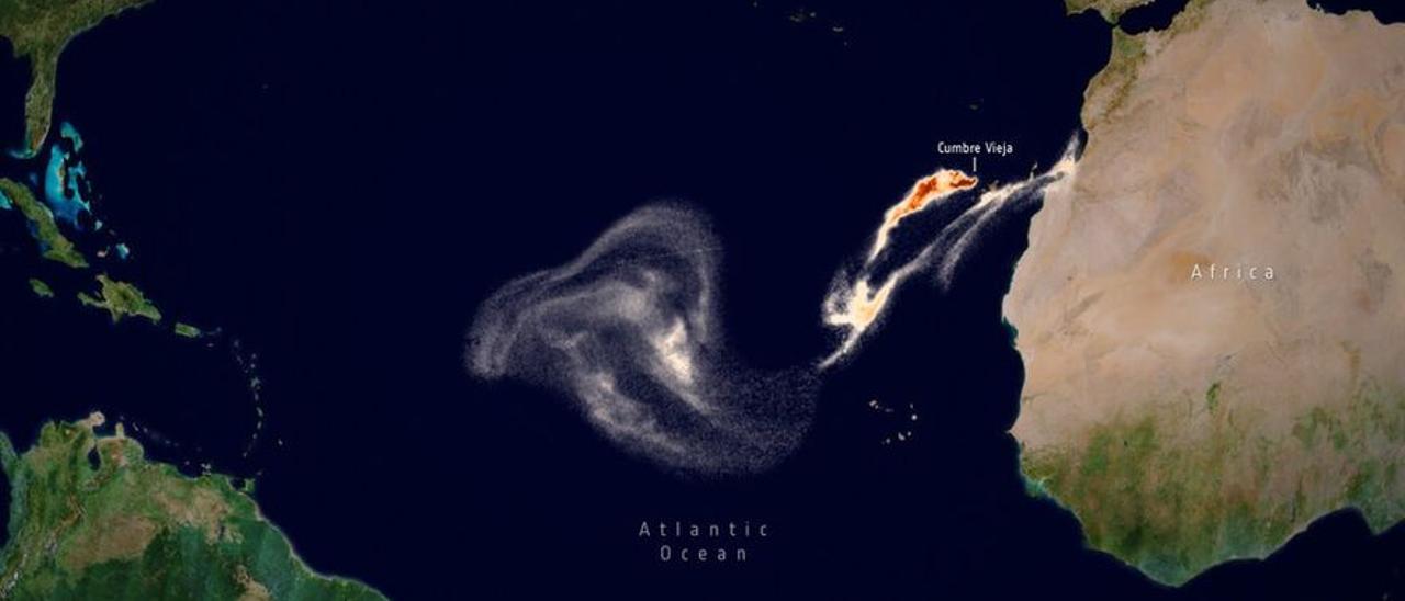 Imagen de la dispersión del dióxido de azufre que emana del volcán de La Palma captada desde el espacio. | ESA