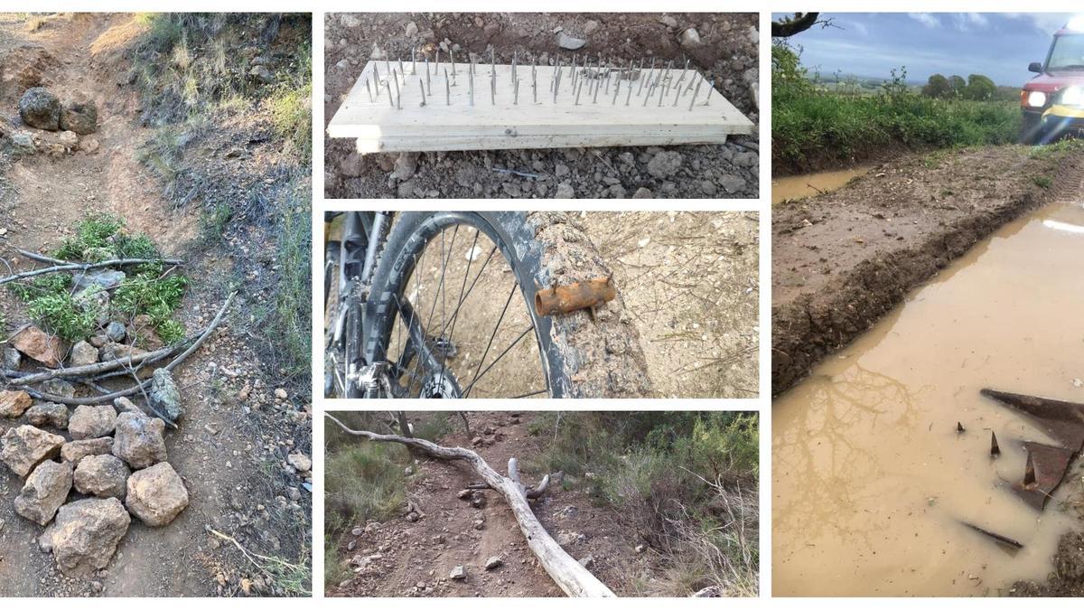 En la primera imagen (i) trampa encontrada en la Vall, junto a fotografías de otros métodos identificados por ciclistas de montaña a lo largo del último año en Castellón.