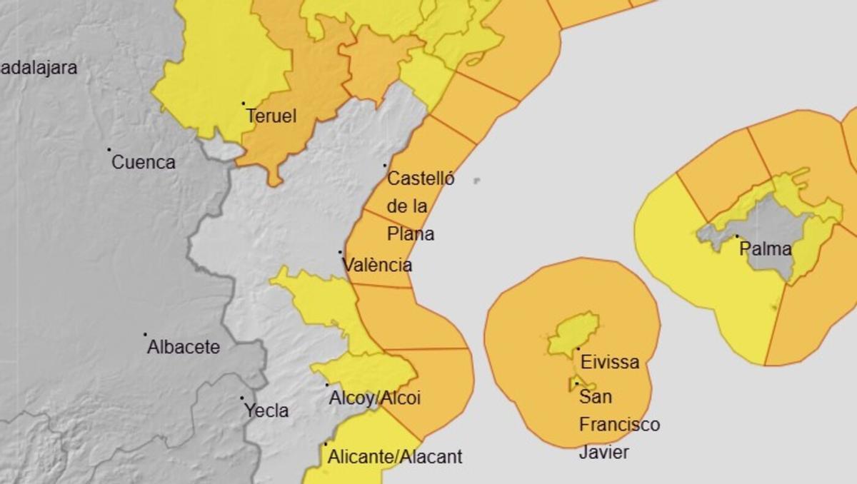 Avisos meteorológicos activados por la Aemet debido a la borrasca Harry para el martes 20 en la C. Valenciana por lluvias, nieve y temporal marítimo.