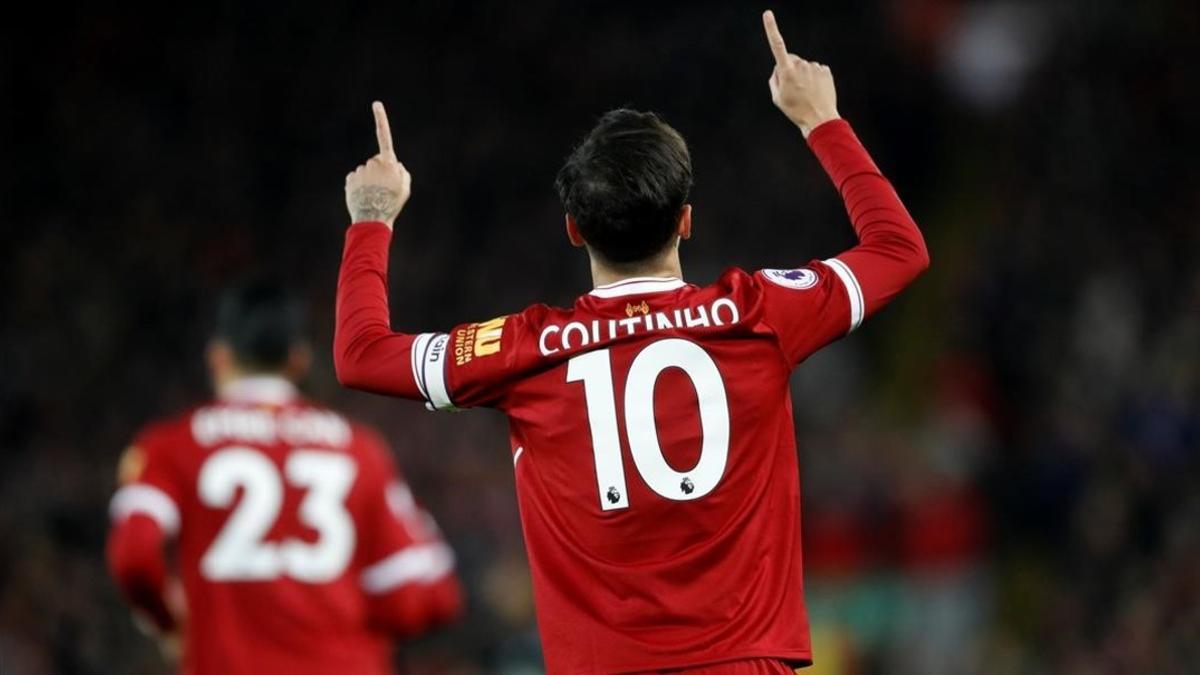 Coutinho celebra el gol que marcó al Swansea (5-0) el 26 de diciembre con el Liverpool.