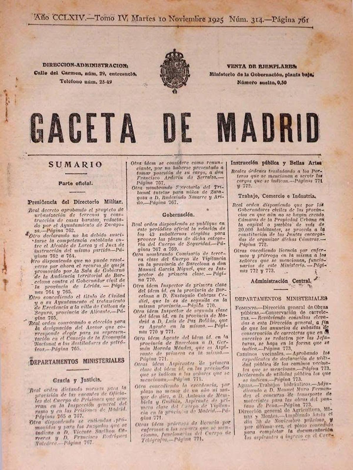Anuncio de Gaceta de Madrid del título de ciudad de Callosa de Segura, fechado el 10 de noviembre de 1925 Archivo Municipal de Callosa de Segura