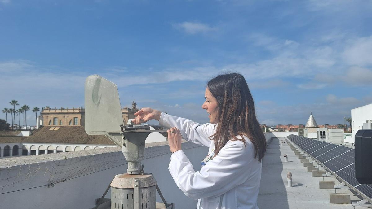 La alergóloga Pilar Lara en la estación medidora instalada en el Hospital Universitario Virgen Macarena de Sevilla.
