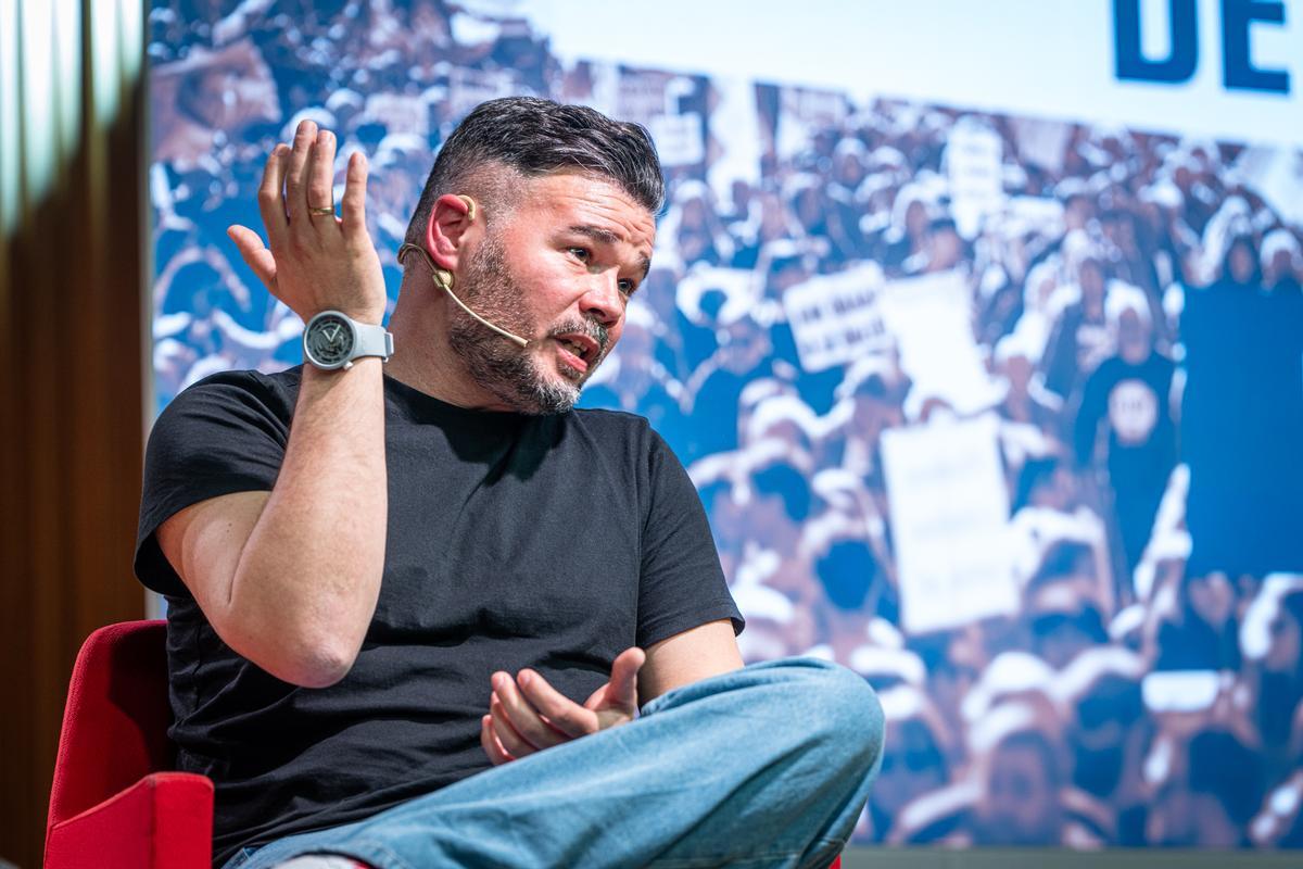 El portavoz de ERC, Gabriel Rufián, en el acto celebrado en la Universitat Pompeu Fabra (UPF).