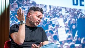 El portavoz de ERC, Gabriel Rufián, en el acto celebrado en la Universitat Pompeu Fabra (UPF).