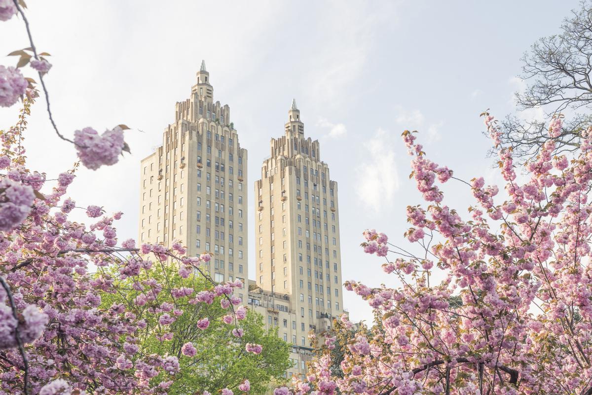 Flores de primavera y arquitectura Art Deco de punto de referencia en Nueva York.