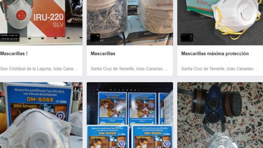 Captura de mascarillas que se venden en Facebook en la isla de Tenerife.