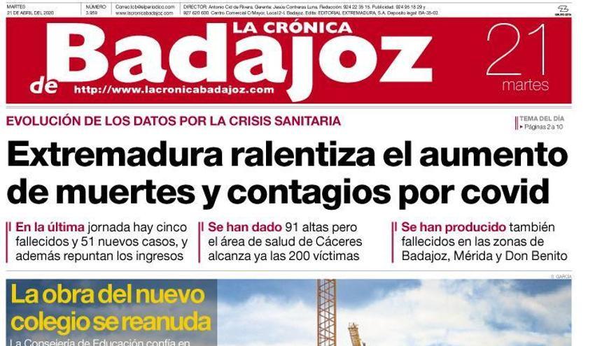 Esta es la portada de LA CRÓNICA DE BADAJOZ correspondiente al día 21 de abril del 2020