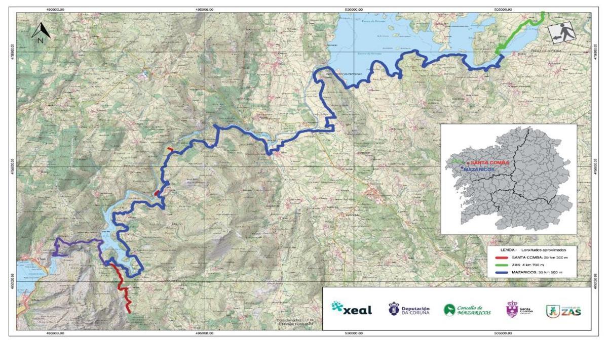 Trazado da senda ao seu paso por Mazaricos (en azul), Santa Comba (vermello) e Zas (verde).