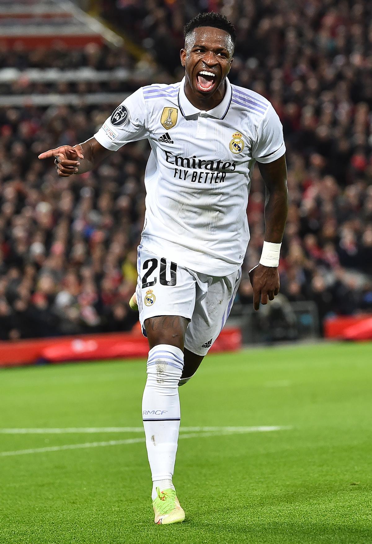 Liverpool (United Kingdom), 21/02/2023.- Vinicius Junior of Real Madrid celebrates after scoring his second goal during the UEFA Champions League, Round of 16, 1st leg match between Liverpool FC and Real Madrid in Liverpool, Britain, 21 February 2023. (Liga de Campeones, Reino Unido) EFE/EPA/Peter Powell