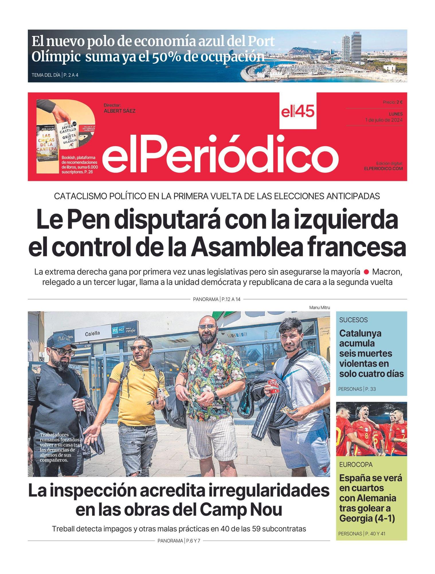 La portada de EL PERIÓDICO del 1 de julio de 2024