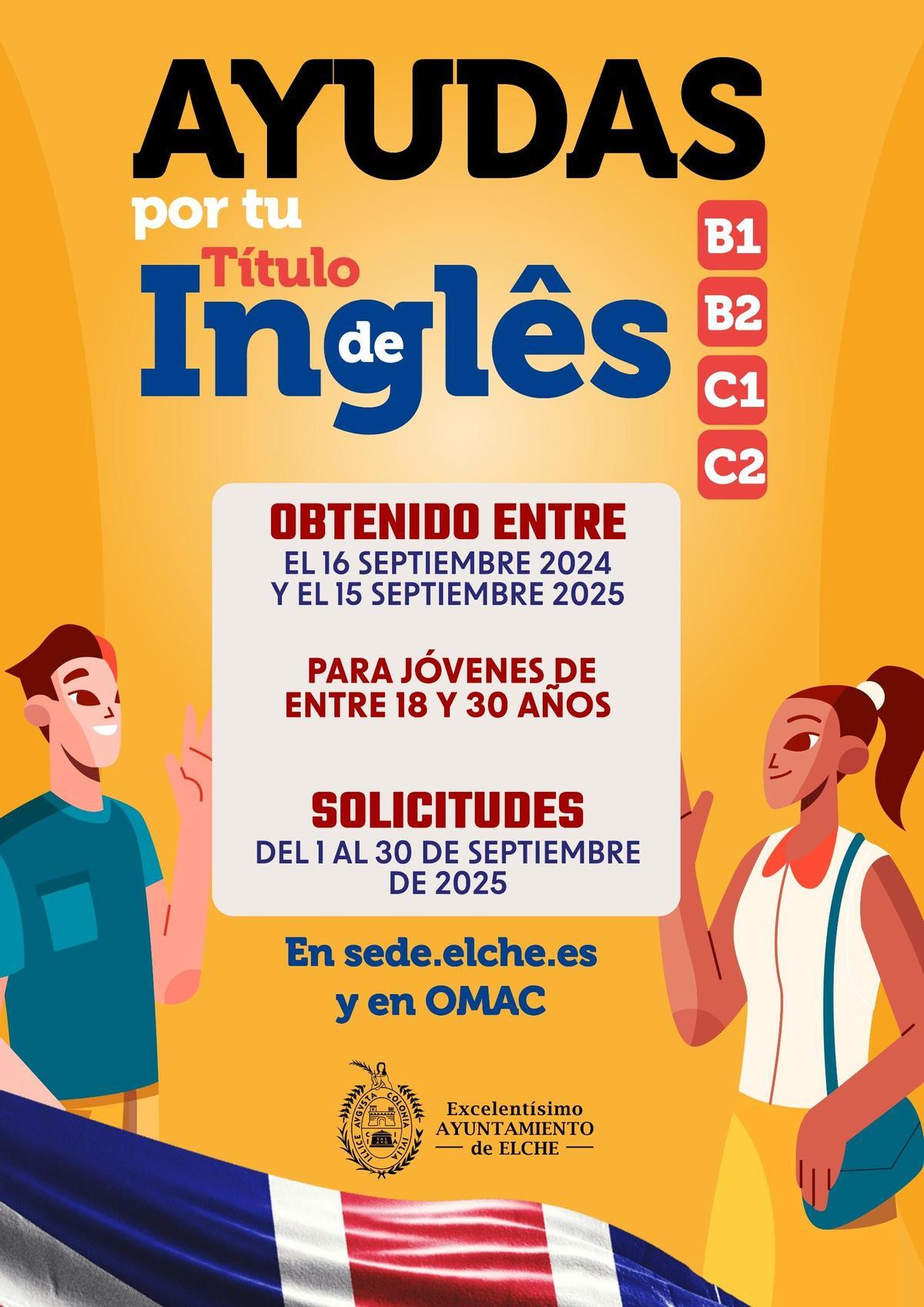 Cartel anunciador de las ayudas de 100 euros a los estudios de inglés en Elche