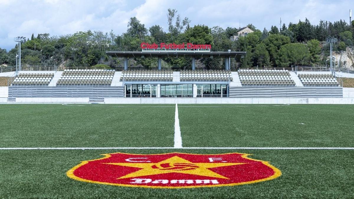 Una de las tribunas del campo, con el escudo del club sobre el terreno de juego.