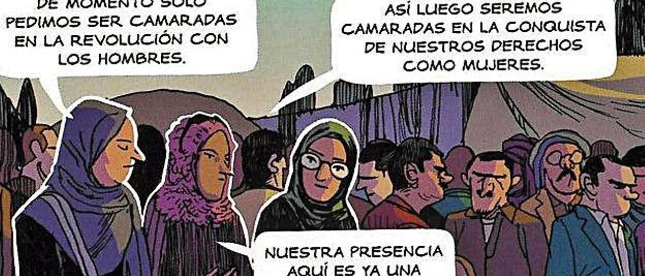 Una de las viñetas en la que Intisar y otras dos compañeras se unen a los hombres en las protestas sociales.