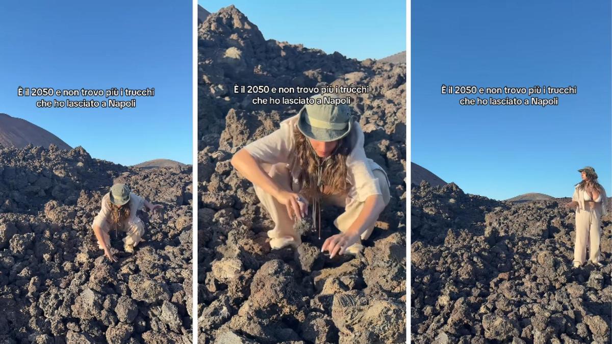 Capturas del vídeo de la instagramer, donde se la ve cogiendo las piedras.