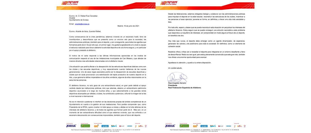 Imagen del documento oficial enviado por el presidente de la Real Federación Española de Atletismo, Raúl Chapado, a Rafa Ruiz.