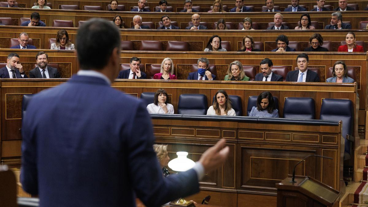 El presidente del Gobierno, Pedro Sánchez, interviene durante una sesión de control al Gobierno, en el Congreso de los Diputados, a 22 de febrero de 2023.