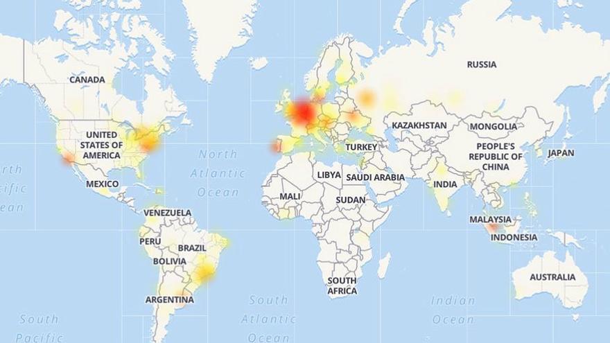 Países en los que se registran fallos de Instagram el 28 de noviembre del 2019. En rojo, donde la incidencia es más grave; en amarillo, donde hay ciertos problemas de acceso