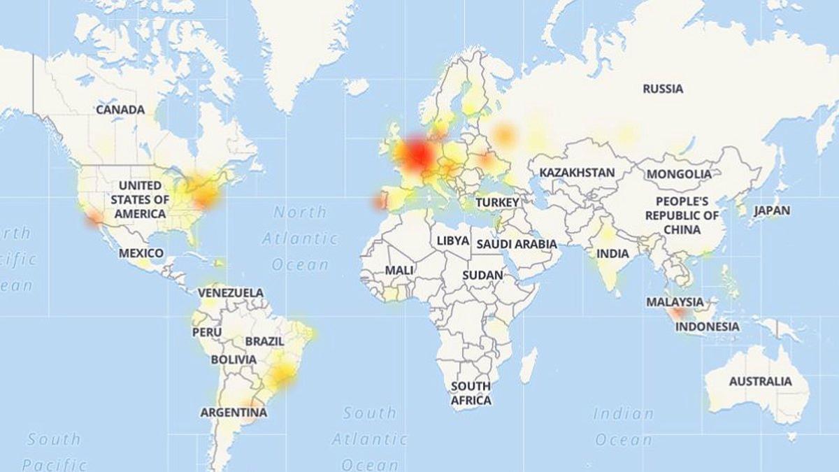 Países en los que se registran fallos de Instagram el 28 de noviembre del 2019. En rojo, donde la incidencia es más grave; en amarillo, donde hay ciertos problemas de acceso