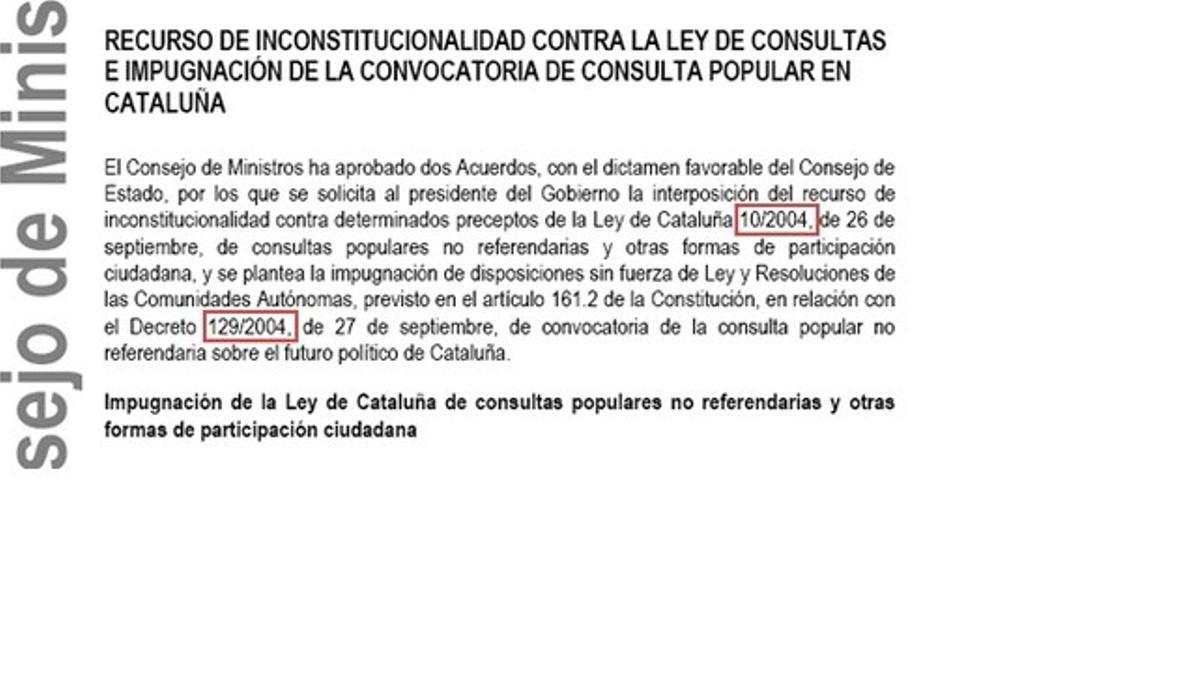 La primera referencia oficial del Consejo de Ministros incluía errores sobre los recursos contra el 9-N