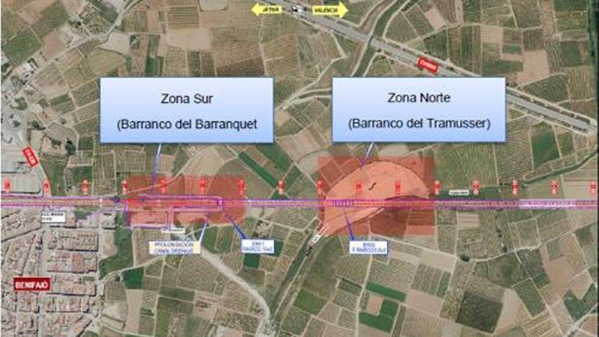 Gráfico que muestra los dos puntos de la plataforma ferroviaria en la que se mejorará el drenaje.
