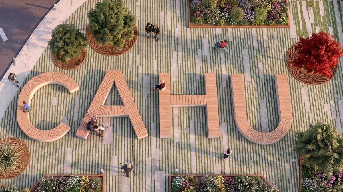 Los bancos corridos que dibujarán las iniciales "CAHU" del Hospital de Cabueñes.