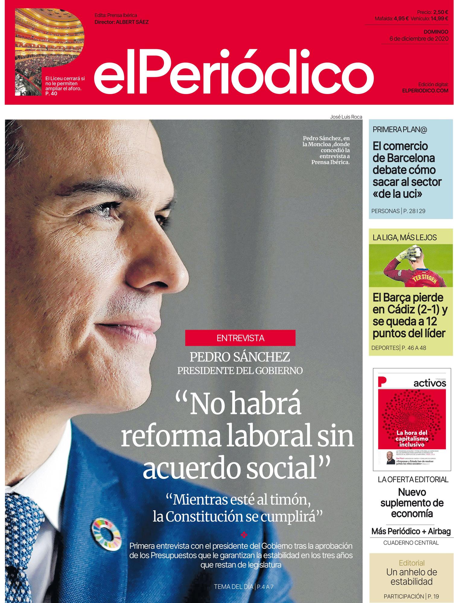 La portada de EL PERIÓDICO del 6 de diciembre del 2020