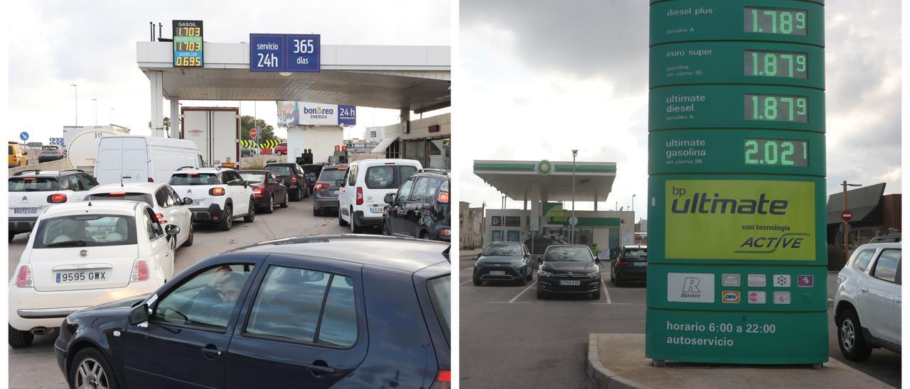 A la izquierda, cola de coches para poner combustible en una gasolinera low cost; a la derecha, una gasolinera con precios más altos.
