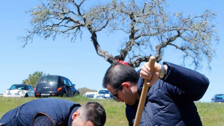 Dos jóvenes colocan una encina en la finca.