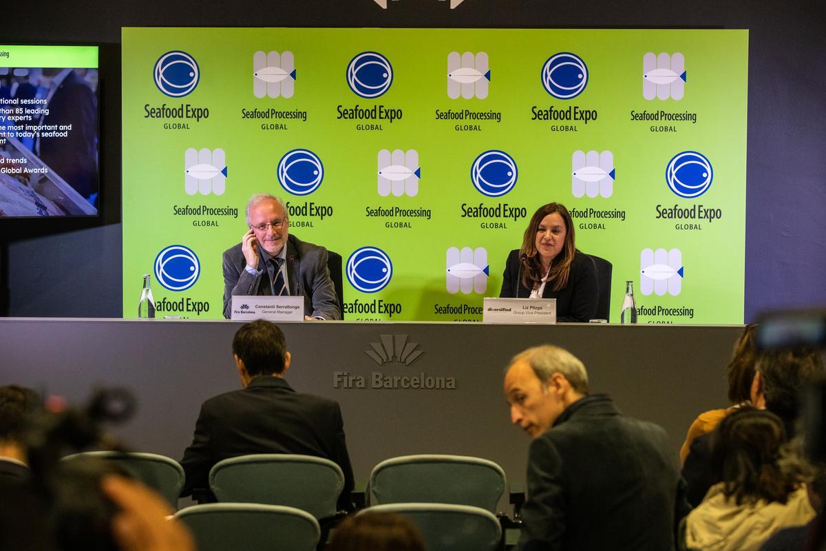 Constantí Serrallonga y Liz Plizga, durante la presentación de Seafood Expo 2023.