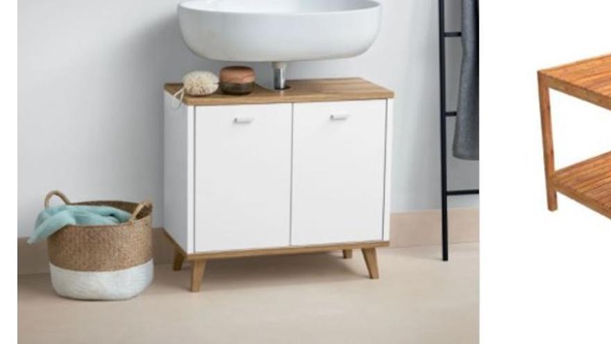 Lidl | Tres muebles de baño: uno estrecho y alto, otro para debajo del lavabo y un banco de bambú