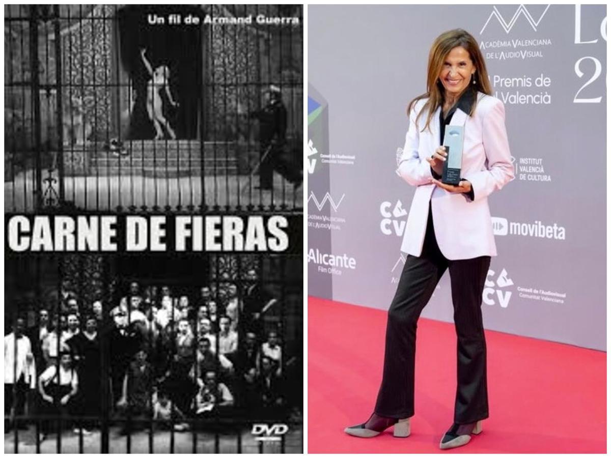 El cartel de 'Carne de fieras' y Nuria Cidoncha recogiendo un premio Lola Gaos.