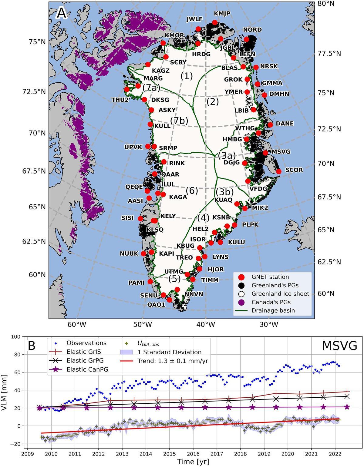 Ubicación de las estaciones de medición y, abajo, subida del nivel del suelo