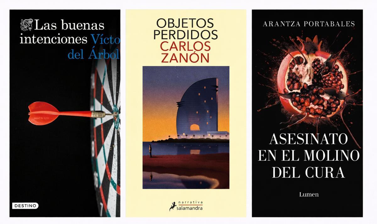 Portadas de Las buenas intenciones, Objetos perdidos y Asesinato en el molino del Cura.